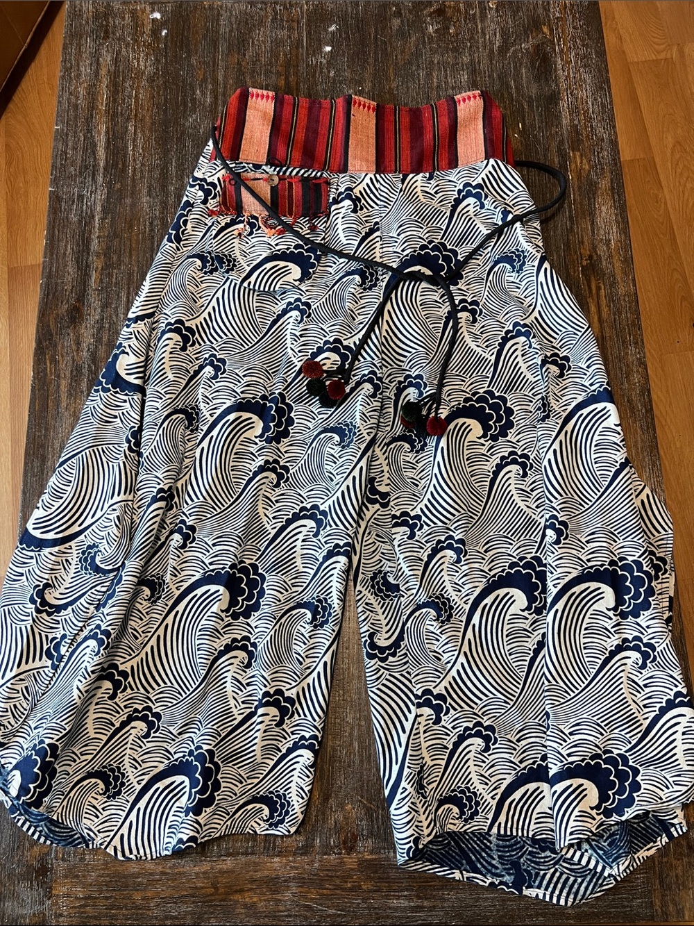 Samurai Navy Wave Print Wide-Leg Pants with Red Stripe Waistband - Ninja Style